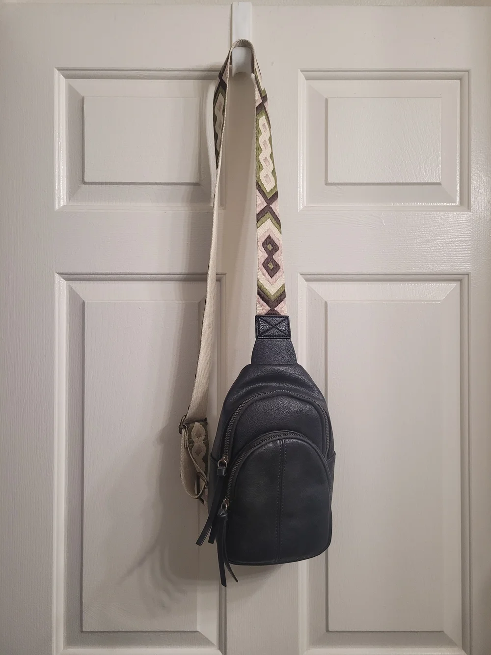 Unisex Black Leather Sling Bag with Patterned Strap By Sonoma